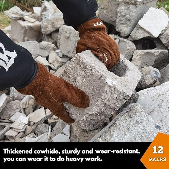 12 Pairs Bulk Leather Work Gloves for Men or Women for Gardening, Construction, Truck, Driving, Farm, Ranch, Woodworker, Soft, Cowhide Thickened, Water Resistant, Brown, Large
