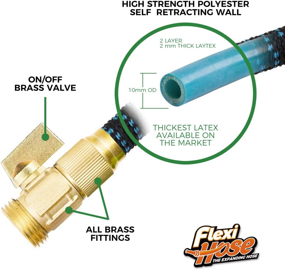 Flexi Hose with 8 Function Nozzle, 150FT - Lightweight Expandable Garden Hose, No-Kink Flexibility, 3/4 Inch Solid Brass Fittings and Double Latex Core