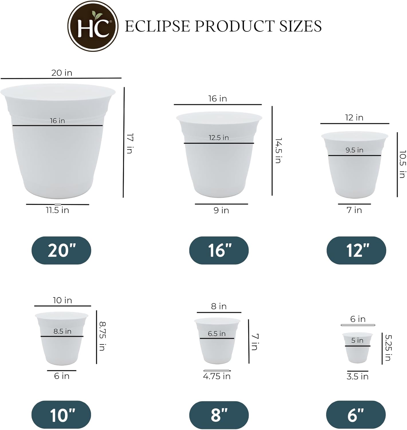 The HC Companies Eclipse Round Planter with Saucer - Outdoor & Indoor Plant Pot with Drainage Holes - Lightweight, UV-Resistant Plastic Pots for Plants, Flowers & Herbs (8" White, Pack of 6)