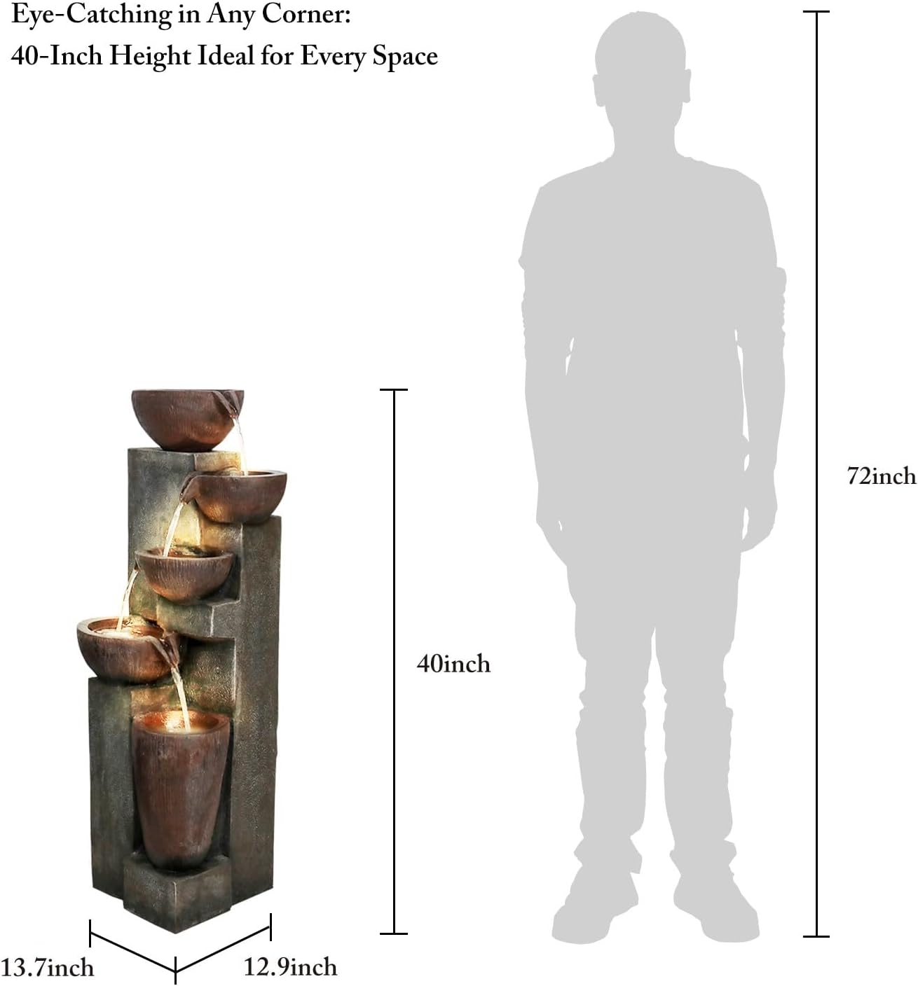 SunJet 5-Tier Cascading Indoor/Outdoor Water Fountain with LED Lights - 39.7" High Large Waterfall Floor Standing Fountain for Garden, Patio, Yard, and Deck Decor - Relaxing Outdoor Water Feature