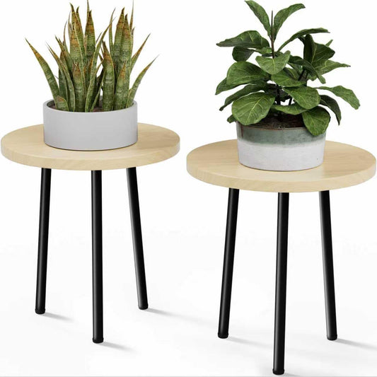 Plant Stand Indoor 14'': Indoor Plant Stand 2 Pack Metal Plant Table - Wood Plant Stool Outdoor Small Round Side End Table Mid Century Modern Decor - Home Decor