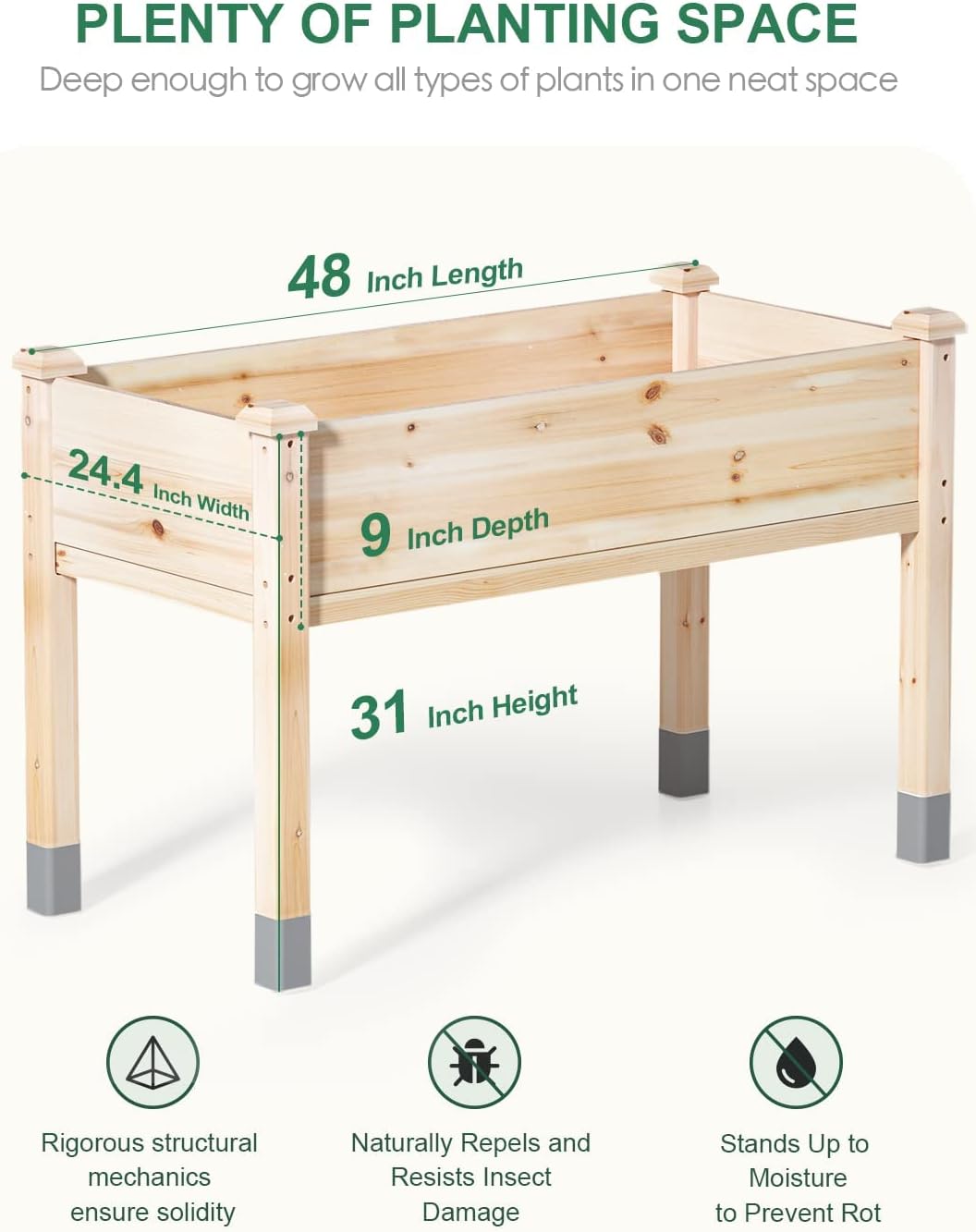 MIXC Wooden Raised Garden Bed with Legs, 48”L X 24”W, Elevated Reinforced Large Planter Box for Vegetable Flower Herb Outdoors - Beam and Column Structure - Unmatched Strength Outlast