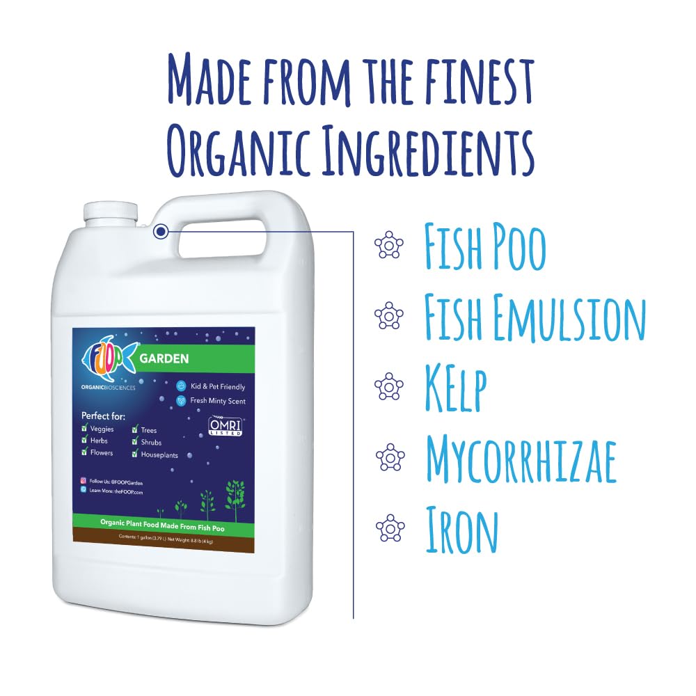 FOOP Garden - Organic Liquid Plant Food Made from Fish Manure (with Fresh Minty Scent) | Fish Fertilizer Alternative Perfect for Veggies, Herbs, Flowers,Trees,Shrubs | Kid&Pet Friendly (1 Gallon)