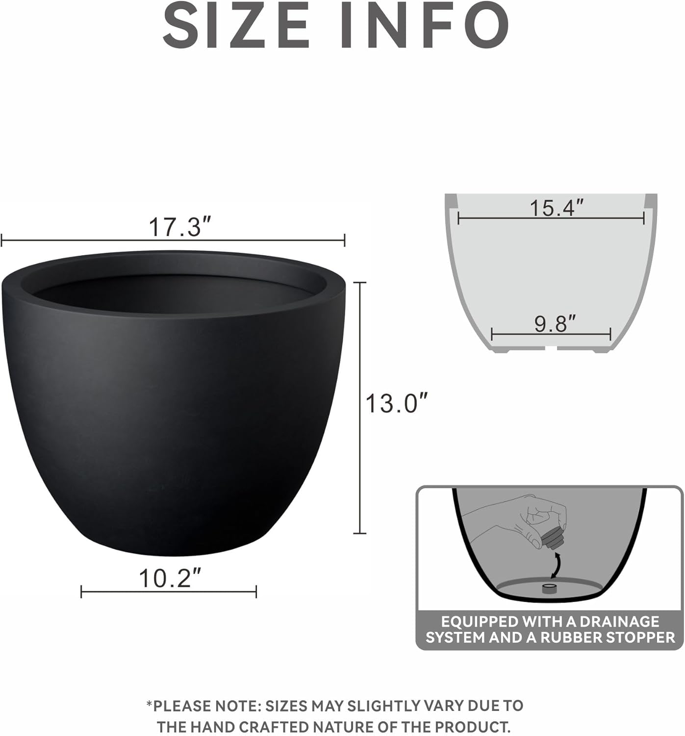 Kante 17.3 Inch Round Concrete Planter - Classic Large Indoor/Outdoor Plant Pot with Drainage Hole and Rubber Plug, Suitable for Gardens and Patios, Black