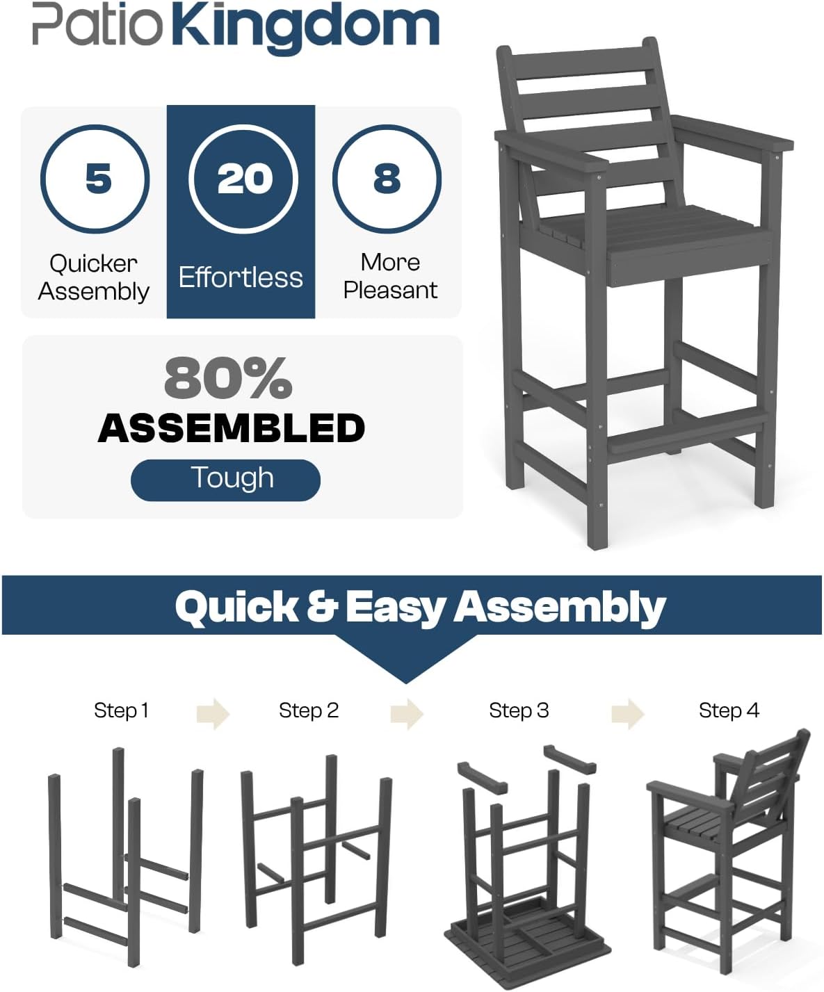 3-Piece Outdoor Bar Set with Beige 9FT Patio Umbrella, HDPE Tall Balcony Adirondack Chairs and Table, All-Weather Outdoor Bar Stools for Patio (Grey)