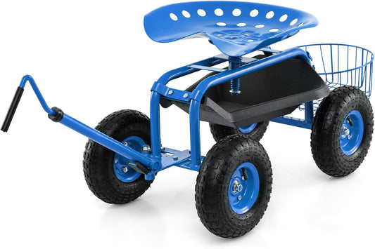 Goplus Rolling Garden Seat with Wheels, Outdoor Gardening Scooter with 360° Swivel Seat, Tool Tray & Basket, Adjustable Steering Handle for Lawn, Gardening Stool, Garden Cart for Planting