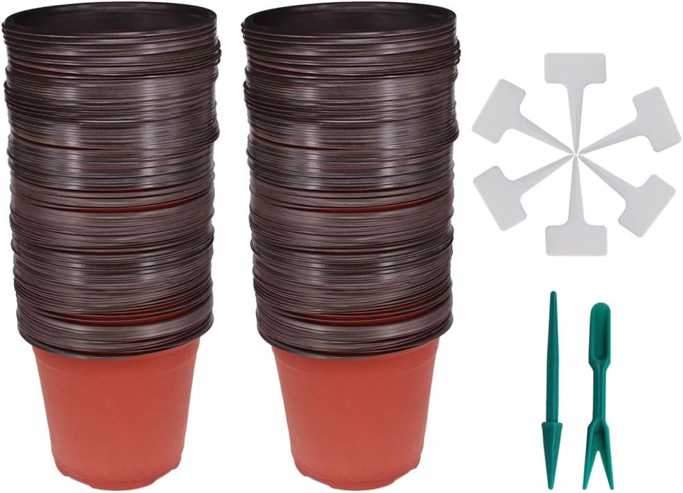 100 Pcs 6" Plastic Seedlings Plants Nursery Pots with 100 Pcs Waterproof Plastic T-Type Plant Tags and 2Pcs/Set Transplanting Digging Mini Tools