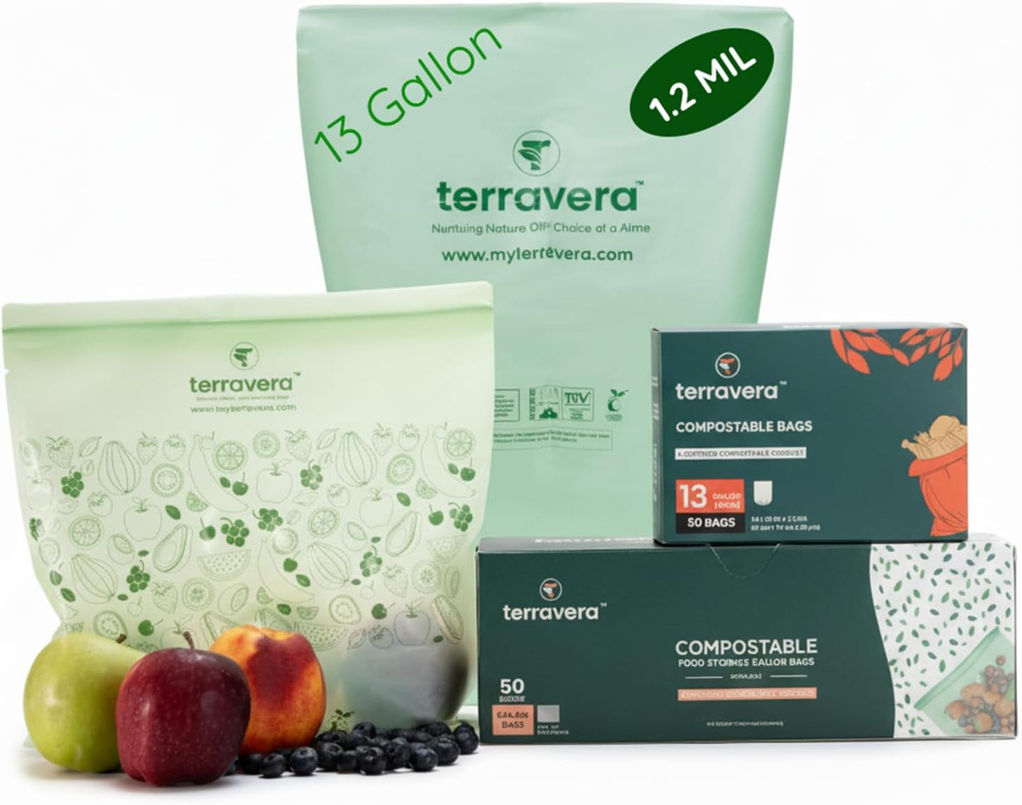 Compostable Trash Bags with Handles | BPI & OK Home Certified ASTM D6400 Standards | Heavy Duty Kitchen & Yard Waste Bags (13 Gallon Flat Top (50 Count) with Gallon Freezer Bags (50 Count))