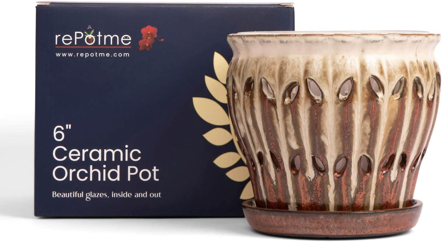 rePotme 6" Pinwheel Fluted Ceramic Plant Pot (Honey Cream Over Copper) - Great for Orchids, Succulents, and All Indoor Plants