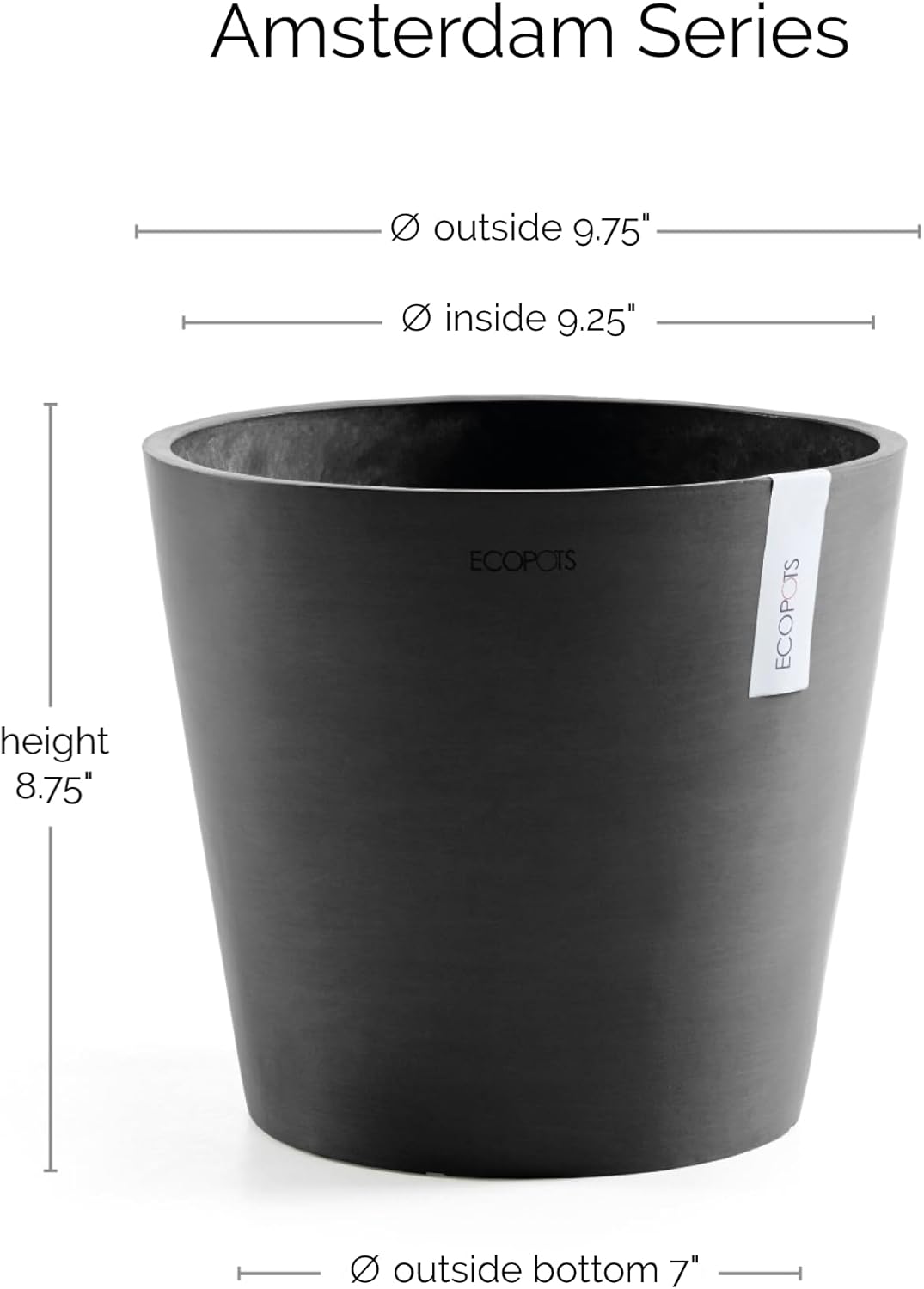 Ecopots Amsterdam Durable Modern Round Indoor/Outdoor Recycled-Based Composite Flower Pot Planter, Dark Grey, 10"