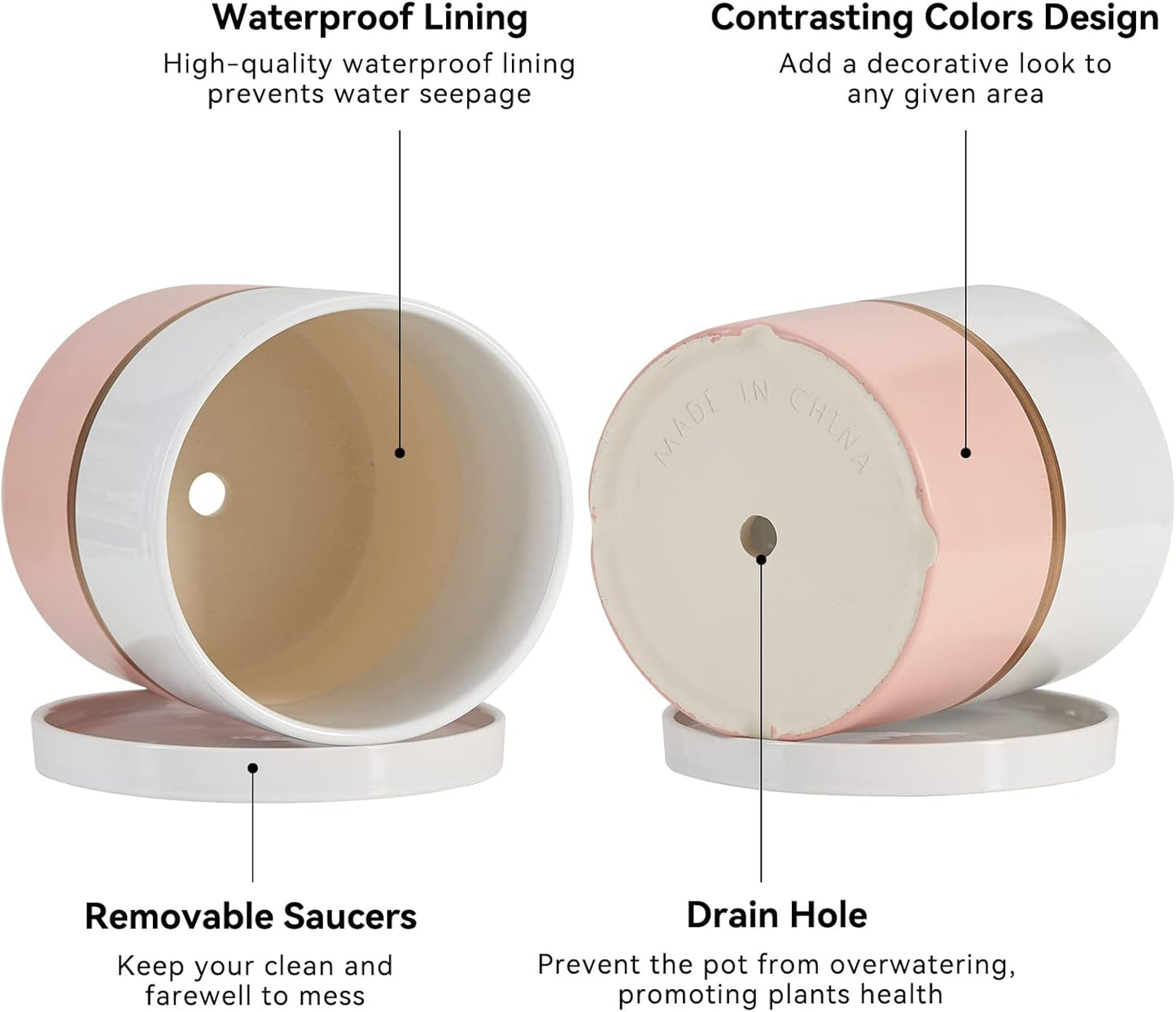 Ekirlin 4 inch Plant Pot - Ceramic Flower Planters Indoor - Modern Succulents Containers with Drain Hole Saucer, Decorate Home, Office & Outdoor (Pink)