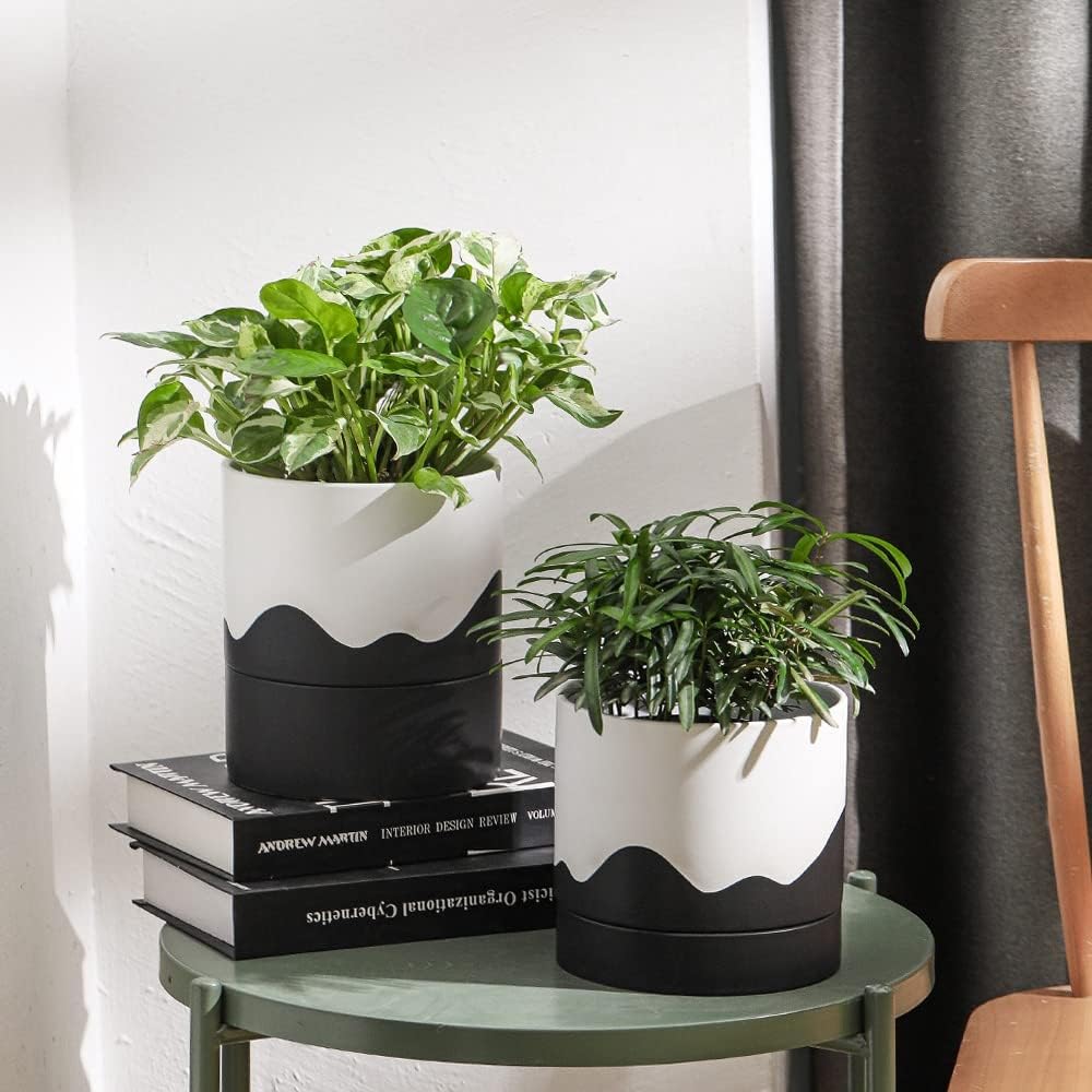Nihow Ceramic Plant Pot: 6 Inch Planter with Drainage Hole & Saucer for Indoor & Outdoor Plants - Cylinder Round Flower Pot for Succulent/Herbs/Violets - White & Wave Black