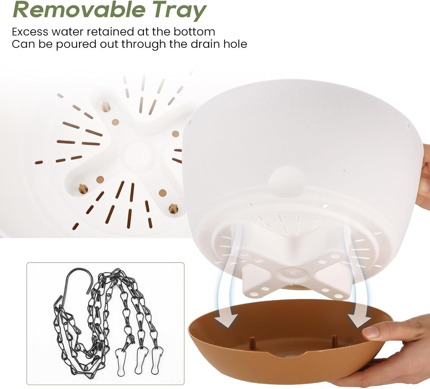 10 Inch Hanging Planter, 2 Pack Hanging Plant Self Watering Pot with Drainage Holes & Saucers, Hanging Baskets Flower Pots with Black Macrame Rope Hangers for Garden Home -White