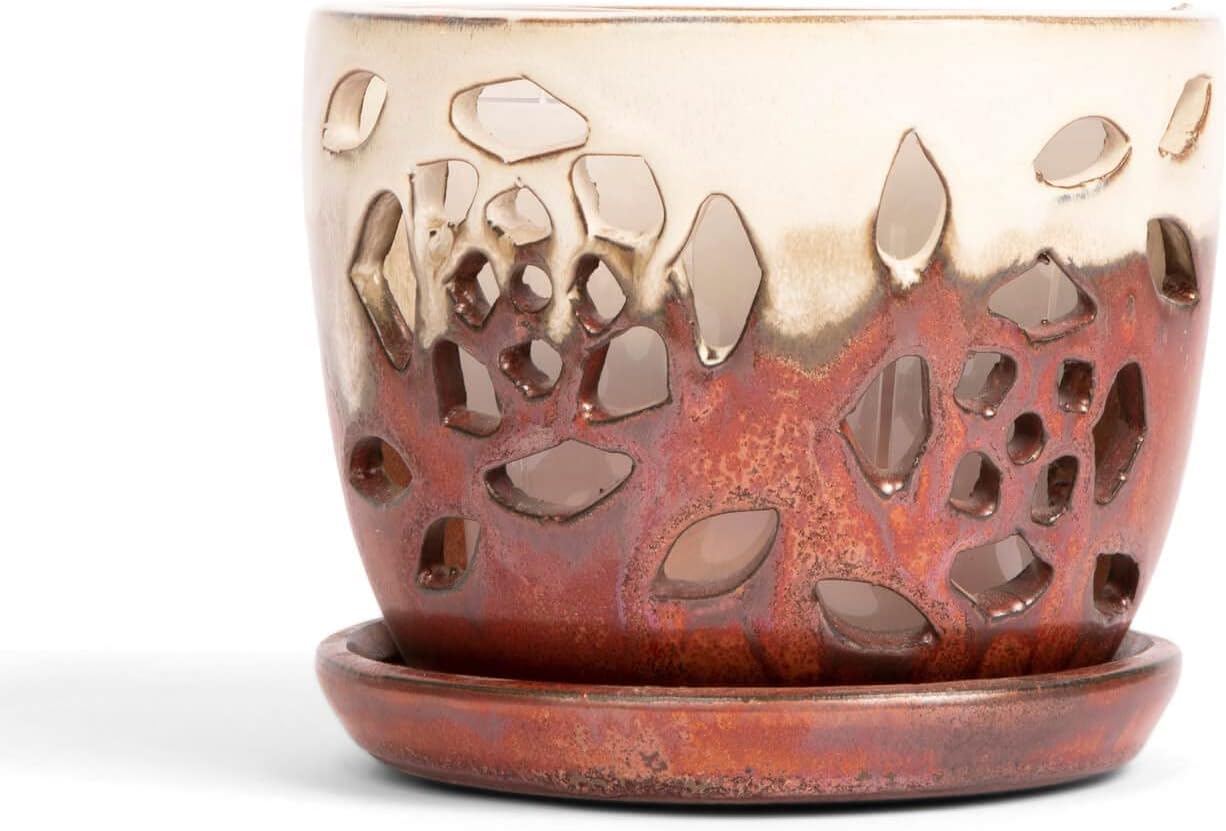 rePotme Orchid Pot - 5 inch Floral Cutout Ceramic Orchid Pot with Holes (Honey Cream Over Copper) - Includes 5 inch Slotted Pot Liner