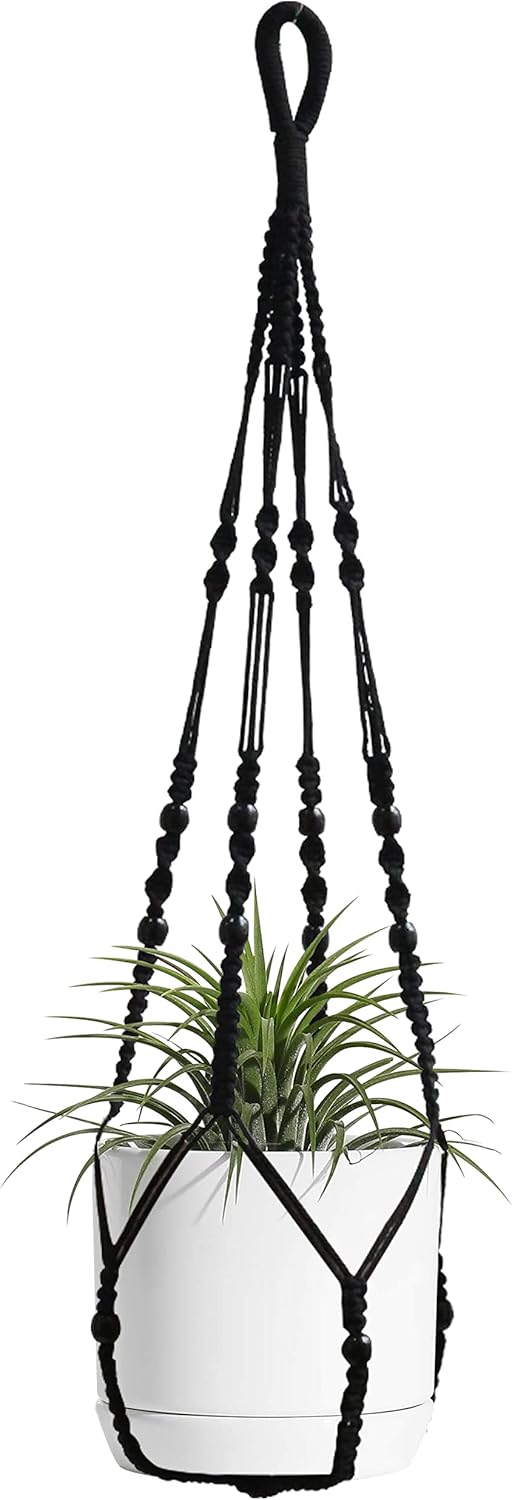 Macrame Plant Hanger Indoor Hanging with Wood Beads Macrame Planters No Tassel for Indoor Outdoor Boho Home Decor 35 Inch (Black,1pc)
