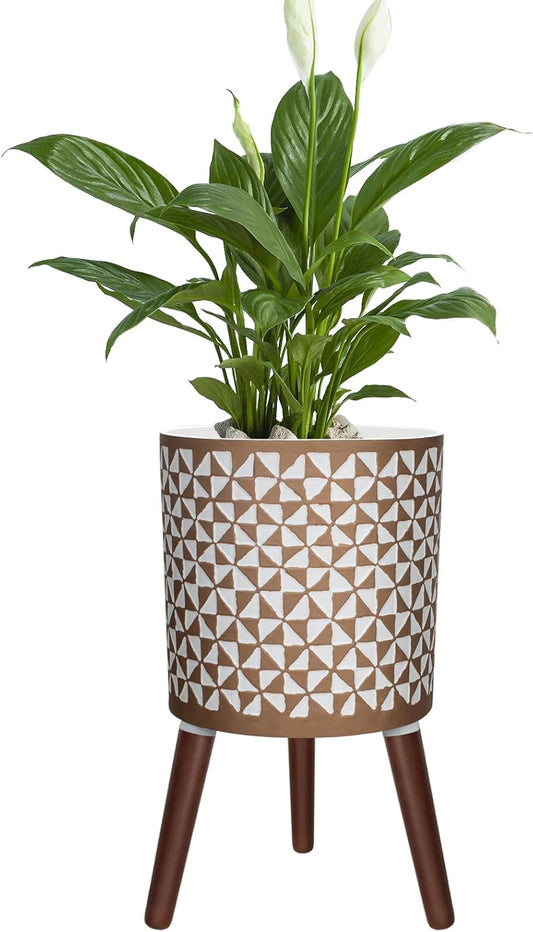 12 Inches Plant Pot with Stand, Large Modern Standing Planters for Indoor Outdoor Plants with Drainage Holes, Big White & Gold Flower Pots with Legs