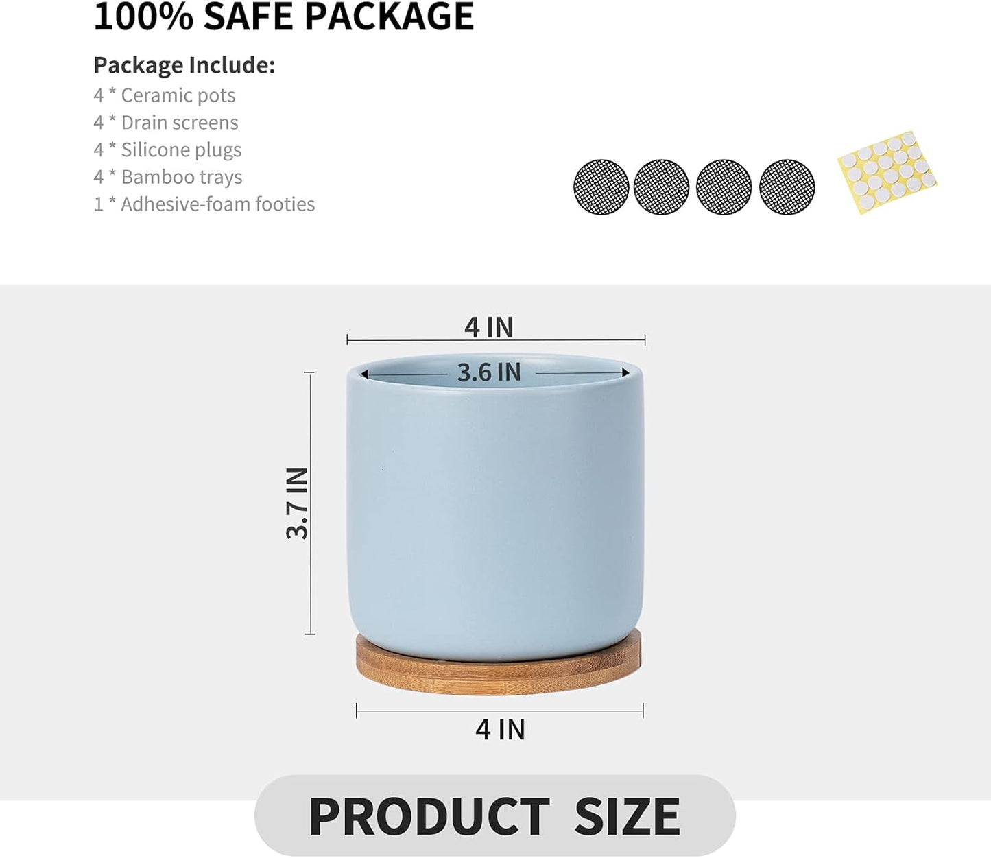 OMAYKEY Succulent Pots, 4 Inch Ceramic Planter Plant Pot with Tray, Drainage Hole & Mesh Pad for Indoor Flowers, Cactus, Herbs, Aloes - Cool Multicolor, Set of 4 (Plant Not Included)