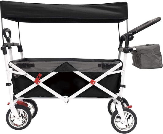 Creative Outdoor Push Pull Folding Wagon for Cargo | Beach Park Garden Sports & Camping | Black with Canopy