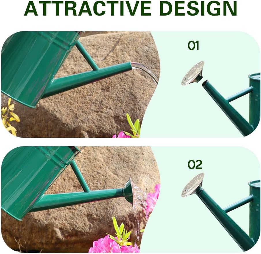Metal Watering Can for Outdoor and Indoor Plants, Watering Can Decor, 1 Gallon (Green Stainless Steel Handle)