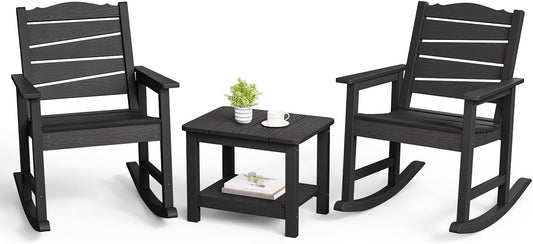 3-Piece Patio Rocking Chairs Set, Weatherproof HIPS Outdoor Rocking Chair for Adults, 400LBS Support Rocking Chairs with Table for Garden, Porch, Backyard and Indoor, Black