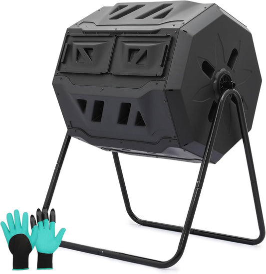 Magshion 43 Gal Chamber Compost Tumbler Outdoor Tumbling Composting Bins High Volume Garden Composter w/Dual Chamber Sliding Doors for Gardening, Black Sliding Doors