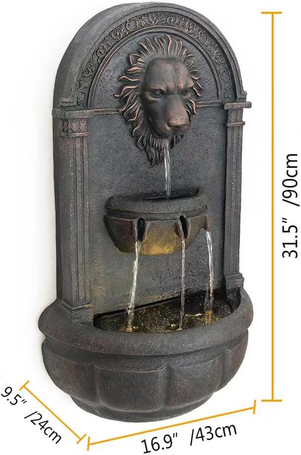 Lion Head Wall Fountain – Outdoor/Indoor Wall-Mounted Waterfall Fountain with LED Lights, Decorative Stone Resin Lion Statue for Garden, Patio, Yard, Modern Wall Decor(Bronze Color)