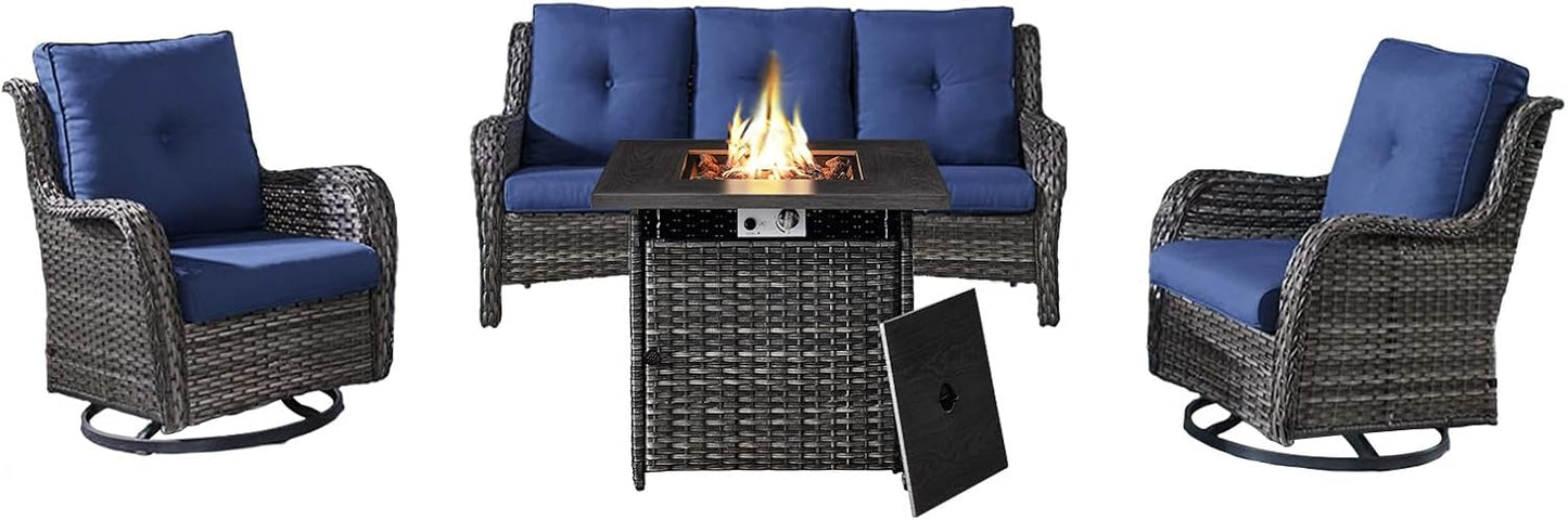 Outdoor Patio Furniture Set with 50000BTU Propane Fire Pit Table, 4 Pieces Wicker Patio Conversation Set with 2 Swivel Rocker Glider Chairs Rattan Sofa Blue Cushion Perfect for Gathering