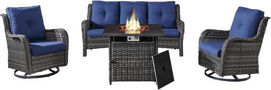 Outdoor Patio Furniture Set with 50000BTU Propane Fire Pit Table, 4 Pieces Wicker Patio Conversation Set with 2 Swivel Rocker Glider Chairs Rattan Sofa Blue Cushion Perfect for Gathering