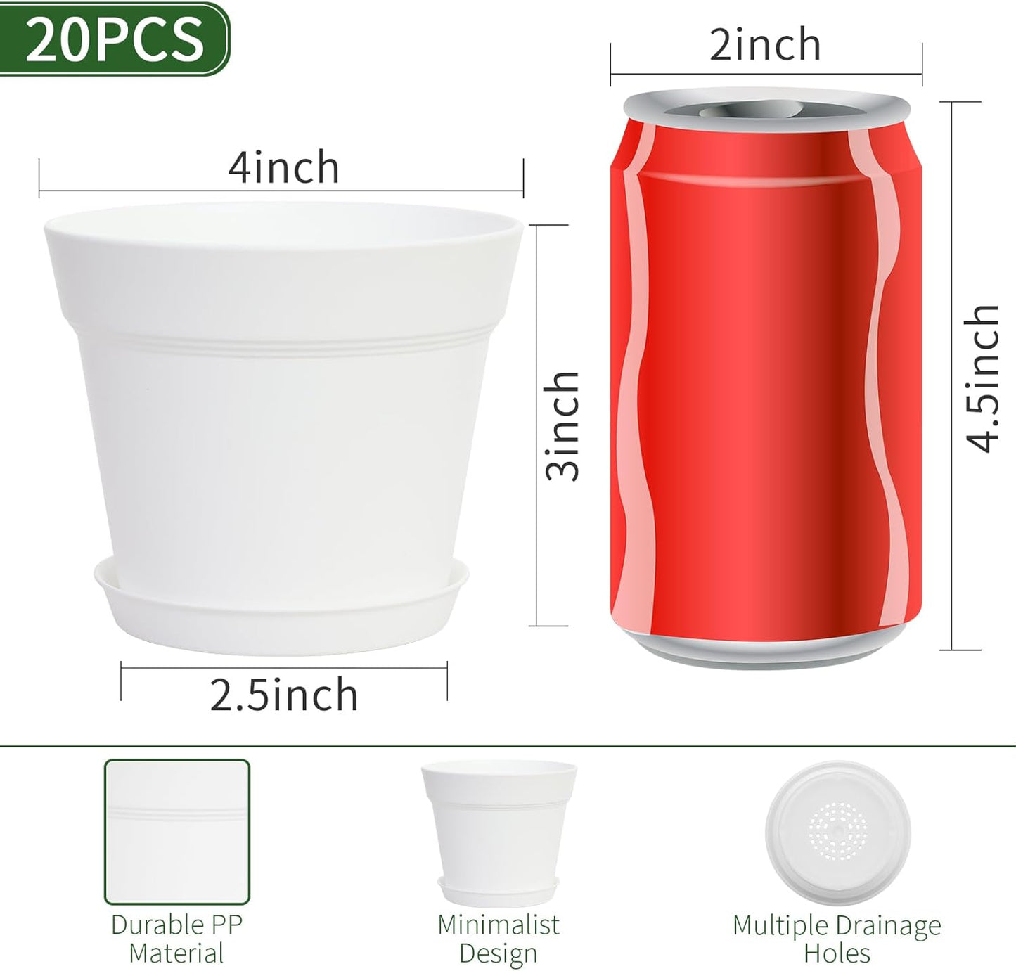 GARDIFE 20 Pack 4 inch Plant pots, planters for Indoor Plants, Flower pots, White