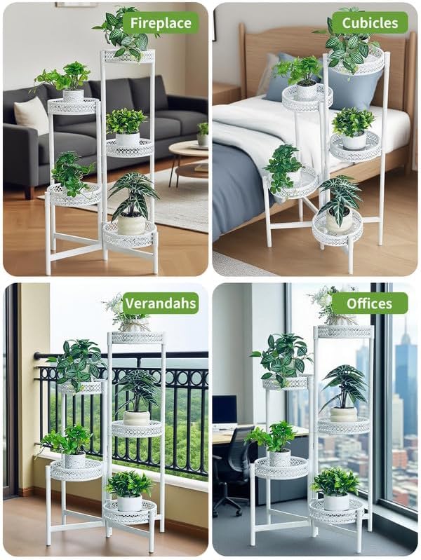 Metal Plant Stand Indoor Outdoor, 5 Tier Tall Flower Pot Holder Potted Display Rack Shelf, Heavy Duty Corner Plant Shelf for Patio Garden Balcony Living Room Bedroom - WhiteWave