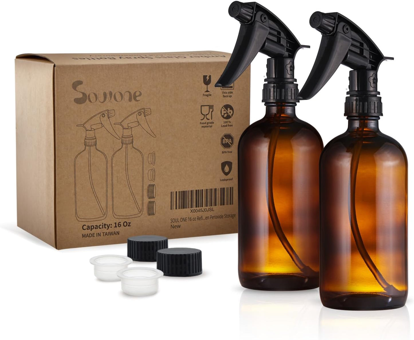 SOUL ONE 16 oz Refillable Amber Glass Spray Bottles with Adjustable Nozzles- 2 pack, Squirt Bottles for Cleaning Solutions, Essential Oils, Plants, Hair Misting - Ideal for Hydrogen Peroxide Storage