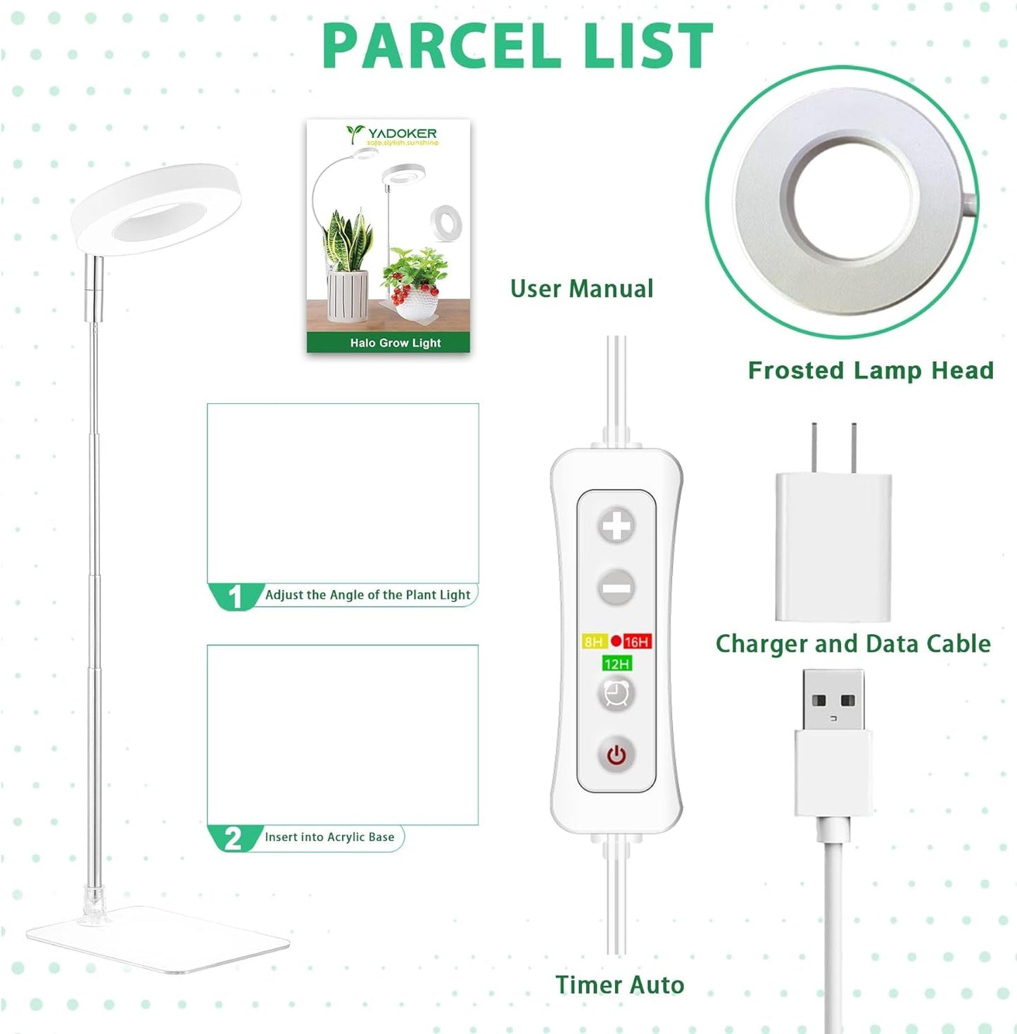 yadoker Halo Plant Grow Light, LED Growing Light Full Spectrum for Indoor Plants,Height Adjustable, Automatic Timer, 5V Low Safe Voltage,Idea for Small Plants
