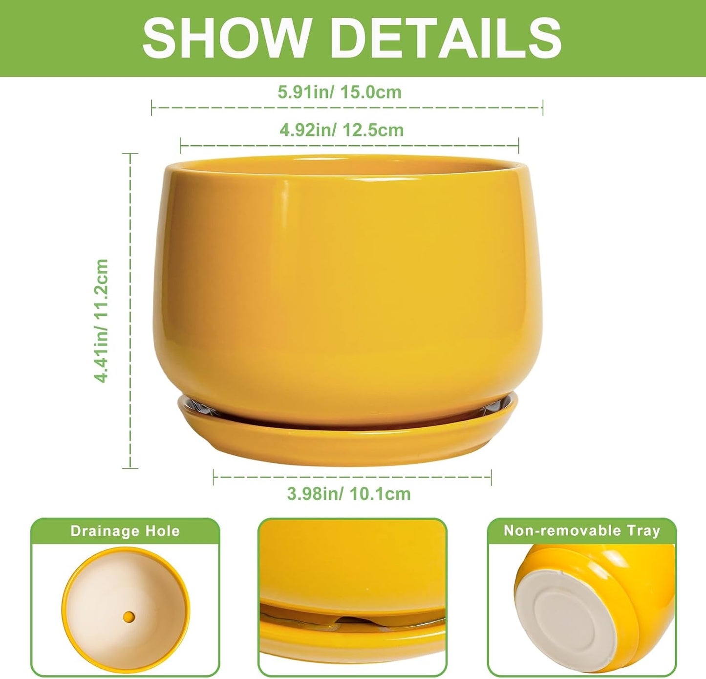 G EPGardening Ceramic Plant Pot - 6 Inch Ceramic Planter with Drainage Hole and Tray, Modern Round Planter, Flower Pot for Indoor Outdoor Plants, Plants Lovers Gifts, House Garden Decor, Yellow