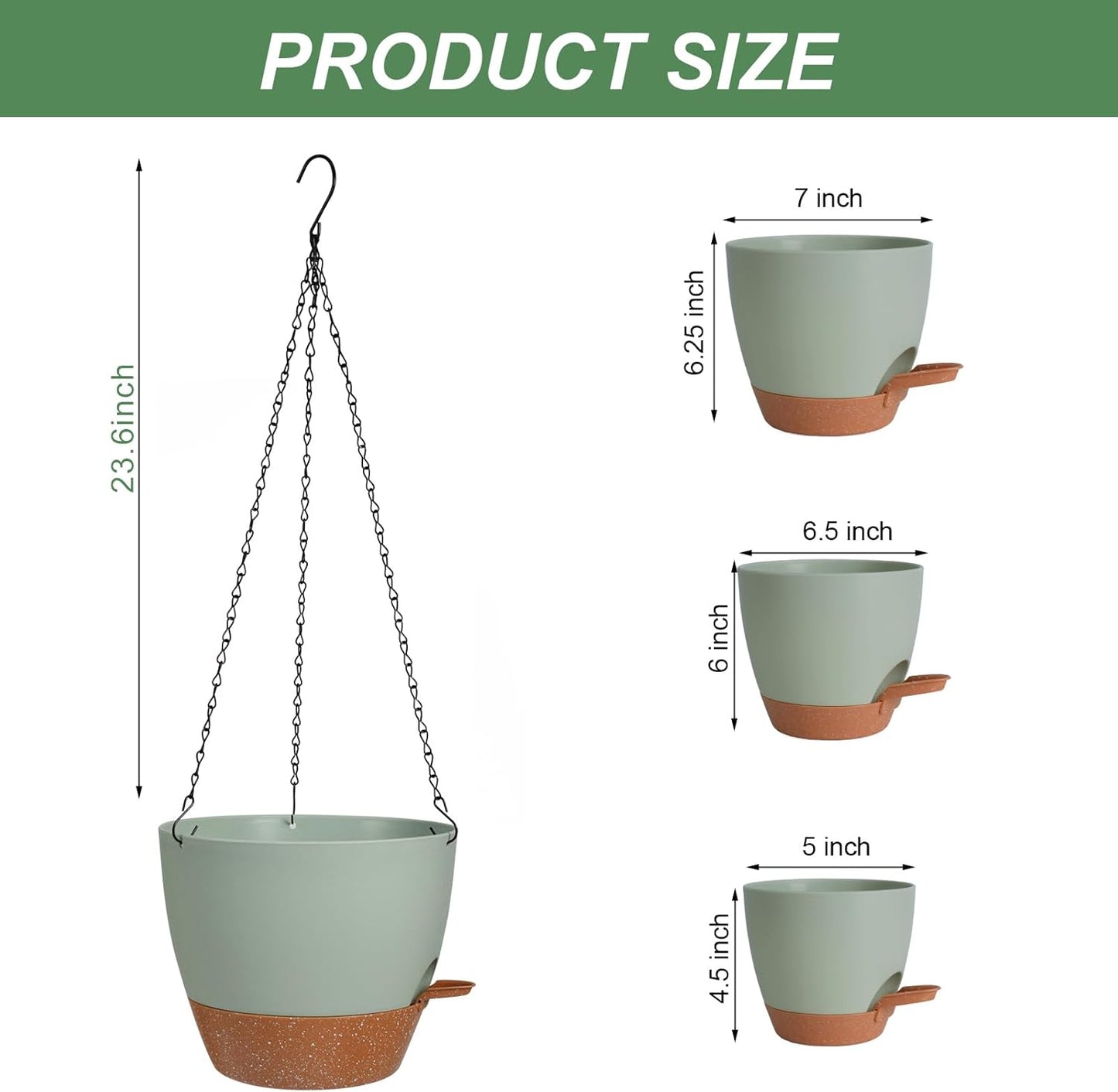 3 Pack Hanging Planter Indoor Outdoor Flower Pots 7/6.5/5 Inch, Self-Watering Hanging Pot with Drainage Holes Hanging Baskets Holder Plant Pots for Garden (Green)