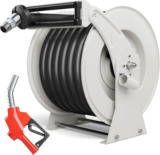 Diesel Fuel Hose Reel Retractable 1" x 50' with Fueling Nozzle Diesel Hose Reel 300 PSI Industrial Auto Swivel Heavy Duty Steel Construction for Farm Ship Vehicle Tank