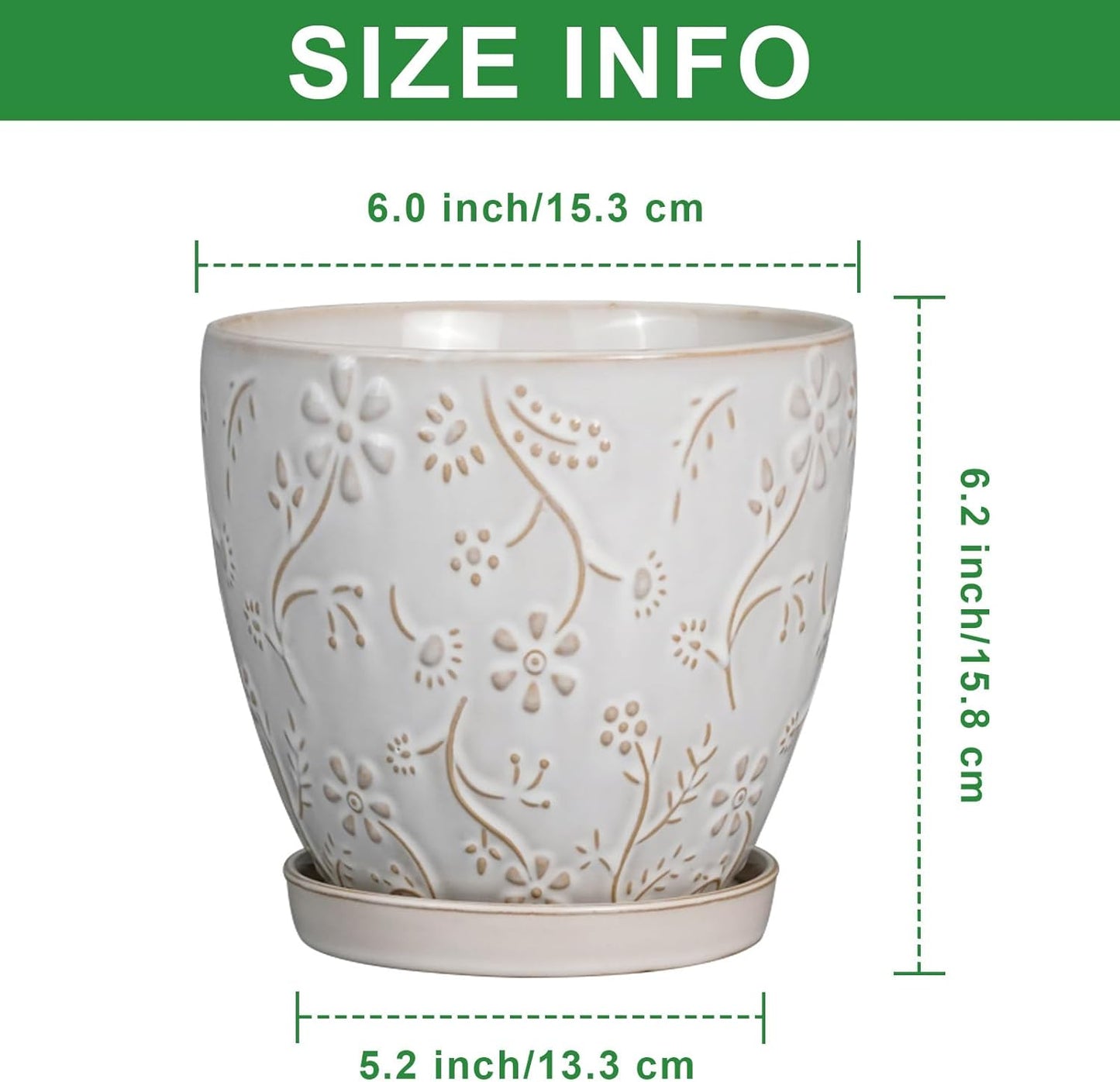 6 Inch Ceramic Plant Pot for Indoor Plants Outdoor Round Planter Flower Pot with Drainage Hole and Saucer for Home Garden Office Decor White