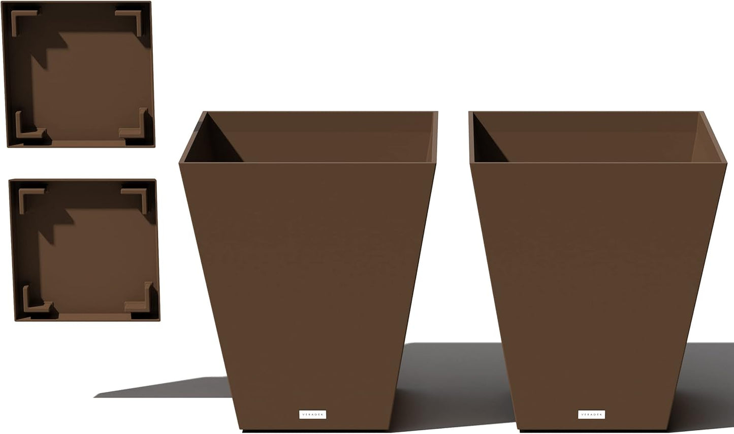 Veradek Nobleton Indoor/Outdoor Wide Square Planter (Espresso, 22 inch - 2 Pack with 2 Saucer Trays)