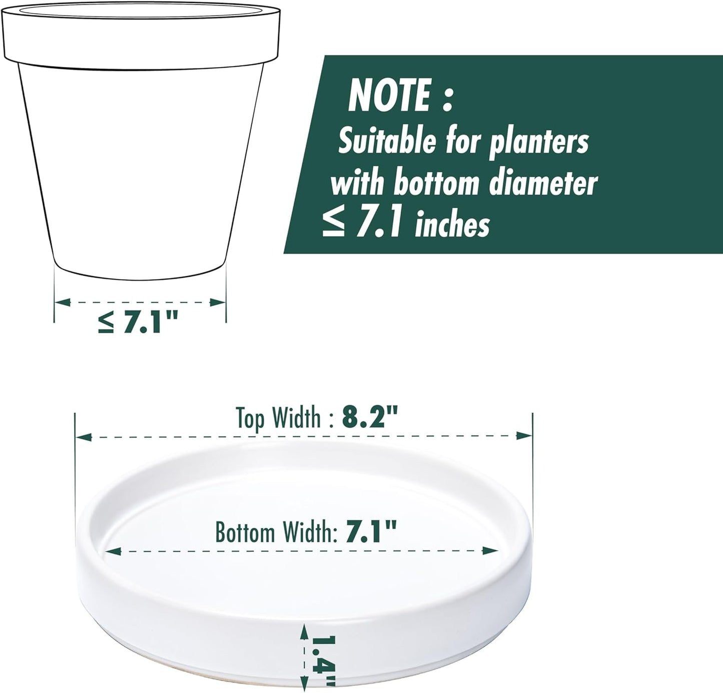 D'vine Dev Modern Round 7.1 Inch Ceramic Plant Pot Saucer, Planter Pot Drainage Tray for Indoor Plants, Matte White, 97-T-A-3