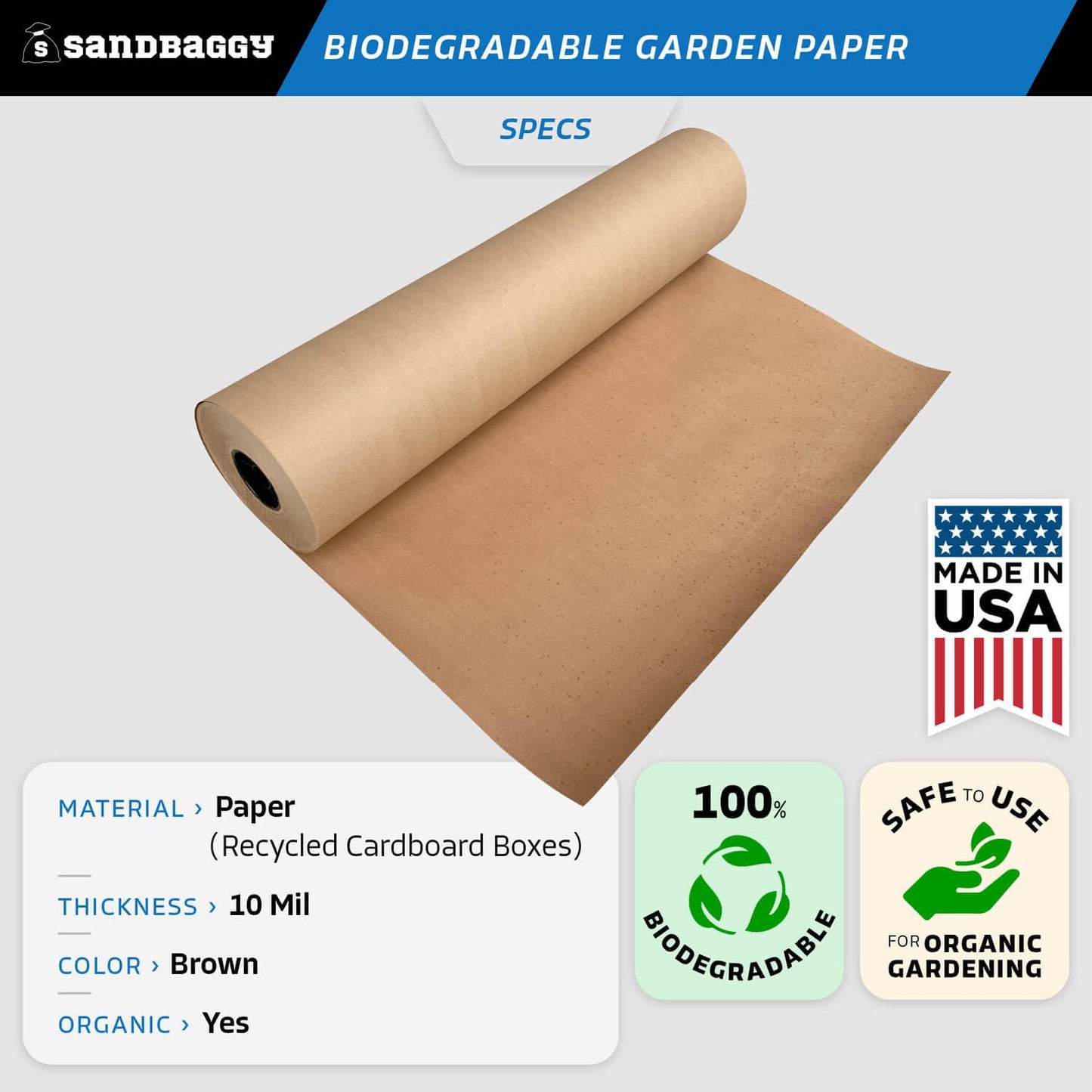 Sandbaggy Biodegradable Landscape Fabric - Garden Paper for Weeds - Paper Mulch Rolls - Made in America (4 ft x 475 ft, 1)