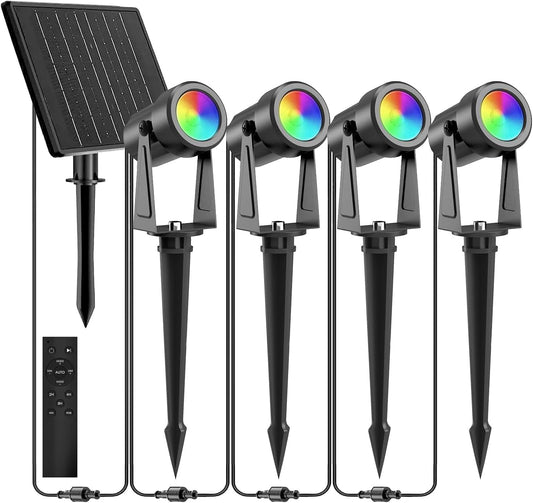 ZYAN Solar Spotlights Outdoor, Solar Landscape Lights with Remote Control, RGBW Colored Spot Lights for Yard, Garden, Lawn, Plant, Tree, Pool Areas, Auto On/Off, Dimmable & Waterproof (4 Pack)