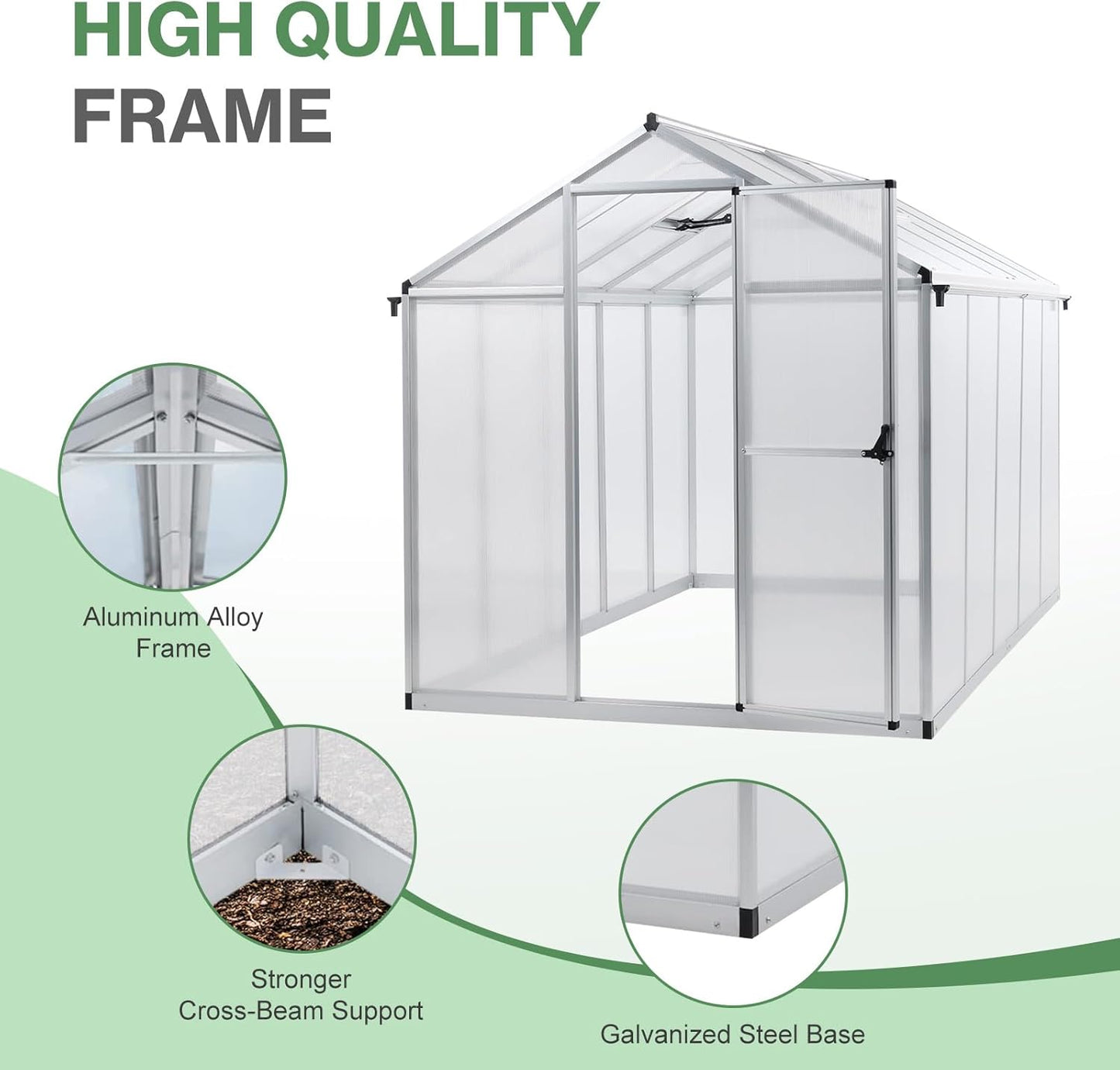 Aoodor 6 x 10 Ft Walk-in Greenhouse with Gutter, Polycarbonate and Heavy-Duty Aluminum Frame, Adjustment Skylight and Lockable 2-Sided Door for Patio, Outdoor, Yard, Lawn Use, Silver