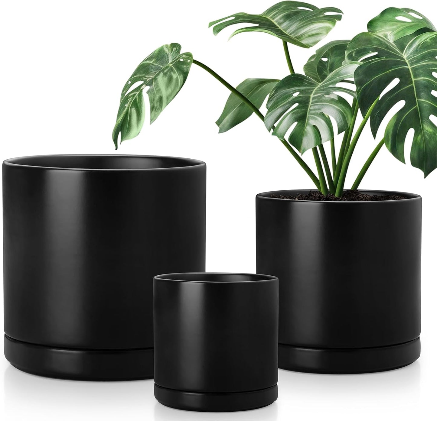 vancasso Ceramic Planters, Plant Pots for Indoor Plants, 6.25+8.25+10.25 Inch Ceramic Pots for Plants, Flower Pots with Drainage Holes (Black, 6.25+8.25+10.25 Inch)