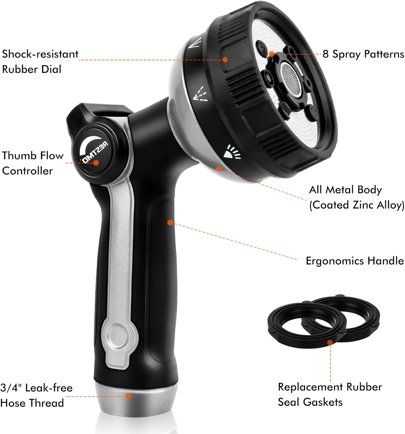 RESTMO Full Shower Hose Nozzle, Metal Spray Nozzle for Garden Hose, 8 Spray Patterns, Water Hose nozzle with Thumb Control, Ideal for Outdoor Lawn & Plant Watering, Car & Pet Washing, Silver