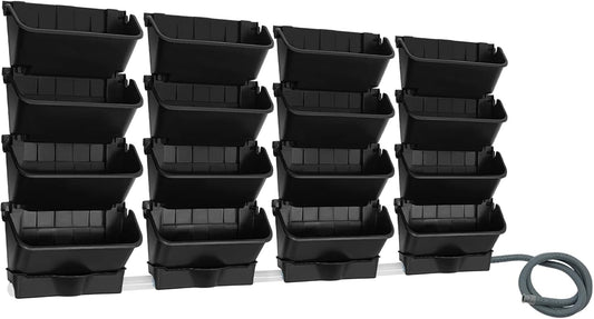 Vertical Wall Planter with 16 Pots, Hanging Garden Plant Flowerpot Holder, Stackable Wall-Mounted Planter, Balcony Planters for Flowers Vegetables Fruits (Black, 16 Pots+4 Drainage Planters&Pipe)