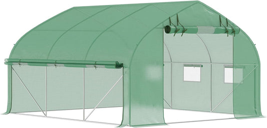 Outsunny 11.5' x 10' x 6.5' Walk-in Tunnel Greenhouse, Green House with Zippered Mesh Door, 7 Mesh Windows & Roll-up Sidewalls, Upgraded Gardening Plant Hot House with Galvanized Steel Hoops, Green