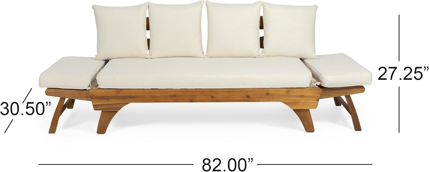 Outdoor Adjustable Patio Wooden Serene Daybed Sofa Chaise Lounge with Cushions for Small Places, Sleeper Chair with Armrest for Backyard, Poolside (Beige)