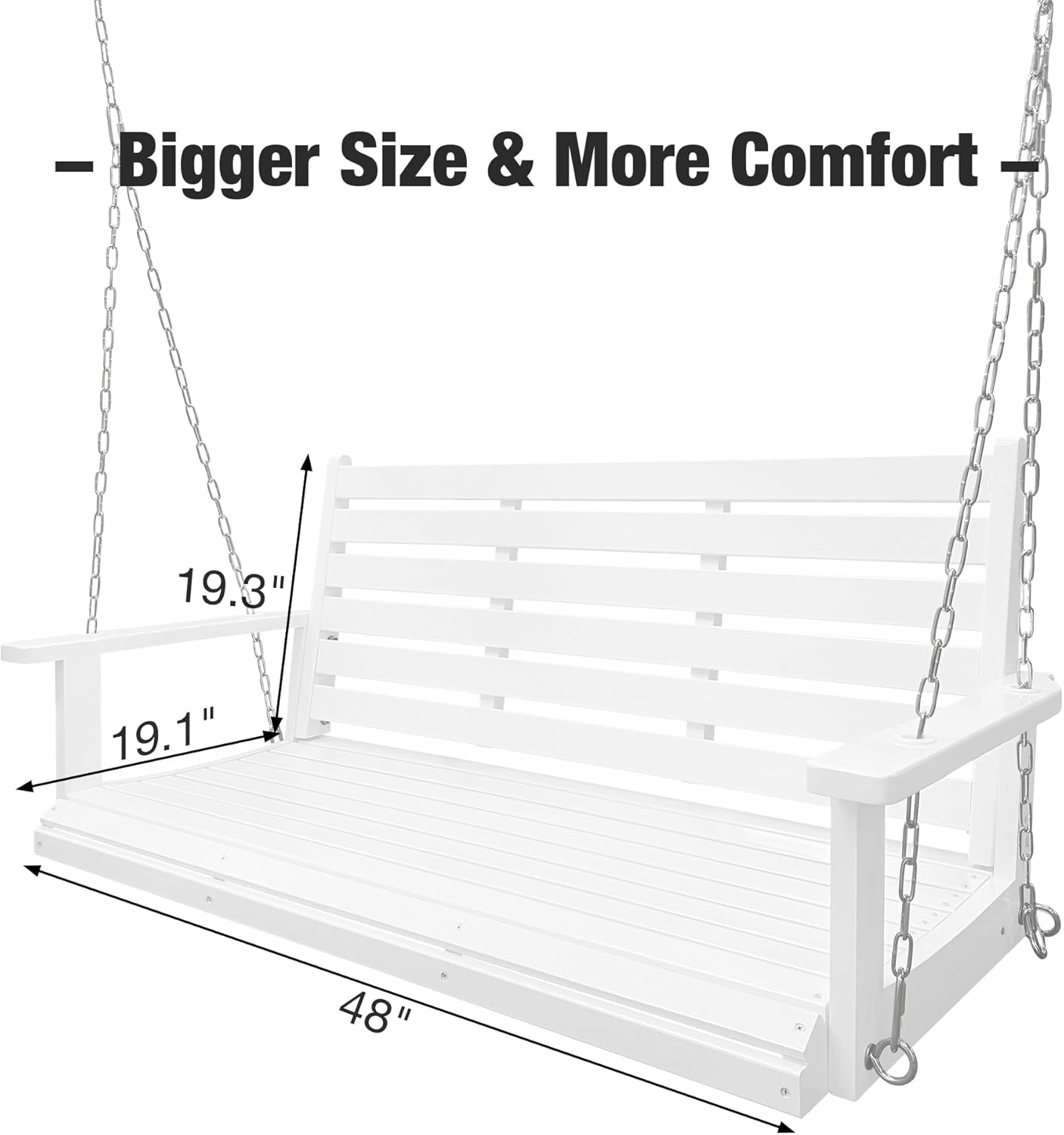 Wooden Porch Swing, Ergonomic Seat, Bench Swing with Hanging Chains and 7mm Springs, Heavy Duty 880 LBS, for Outdoor Patio Garden Yard (High Gloss White, 2-Seater Extra Large)