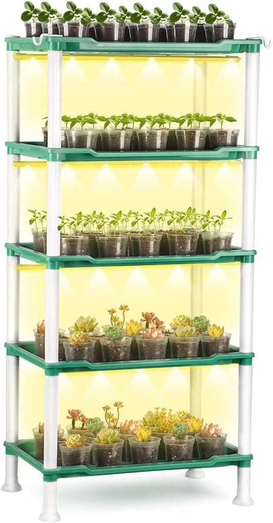 Seed Starter Tray Unit, 5-Tier Plant Stand with 4 LED Grow Lights & 90 Pack 2.5 Inch Clear Nursery Pots – for Indoor Gardening, Herb, Seedling Kits & Small Greenery