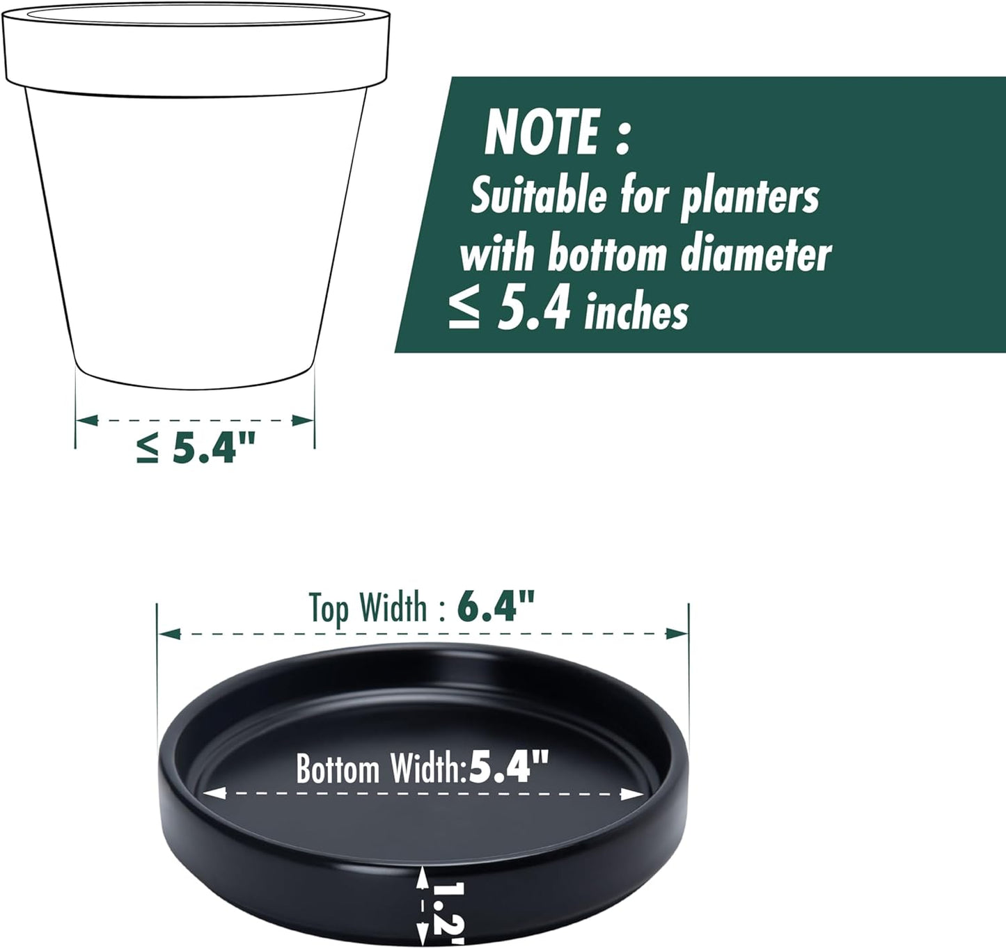 D'vine Dev Modern Round 5.4 Inch Ceramic Plant Pot Saucer, Planter Pot Drainage Tray for Indoor Plants, Matte Black, 97-T-B-2