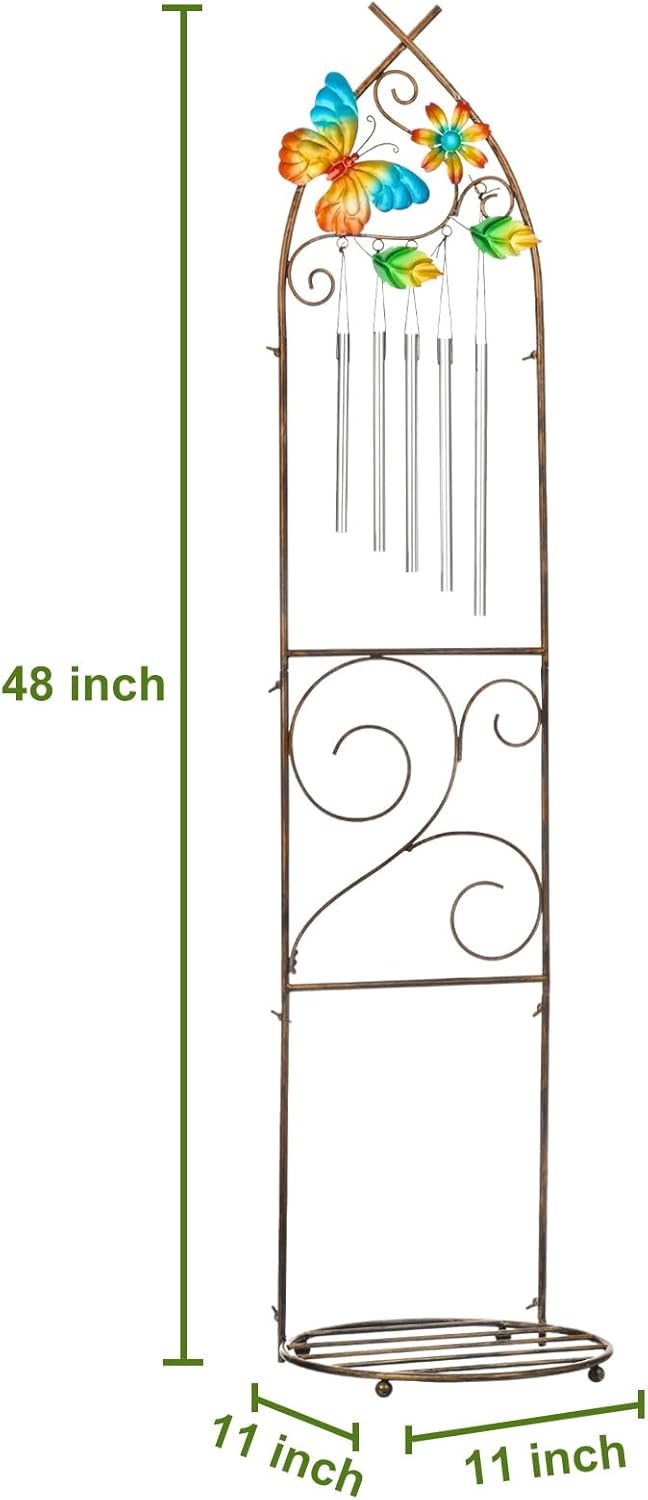 Plant Stands with Garden Trellis, 48” Metal Standing Wind Chimes Plant Pot Trellis with Butterfly for Garden Patio Backyard Climbing Plants Outdoor Decor